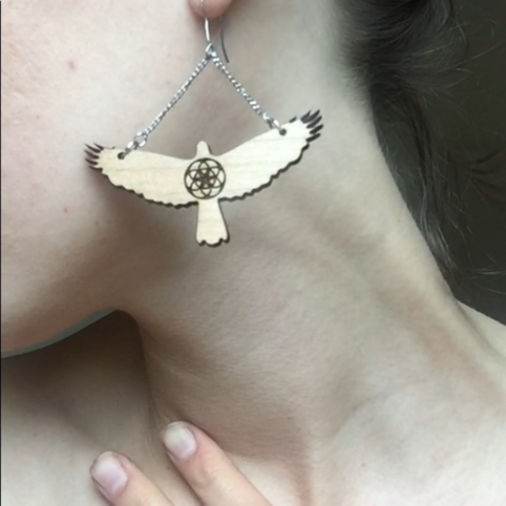 Handmade Sacred Geometry Wooden bird earrings